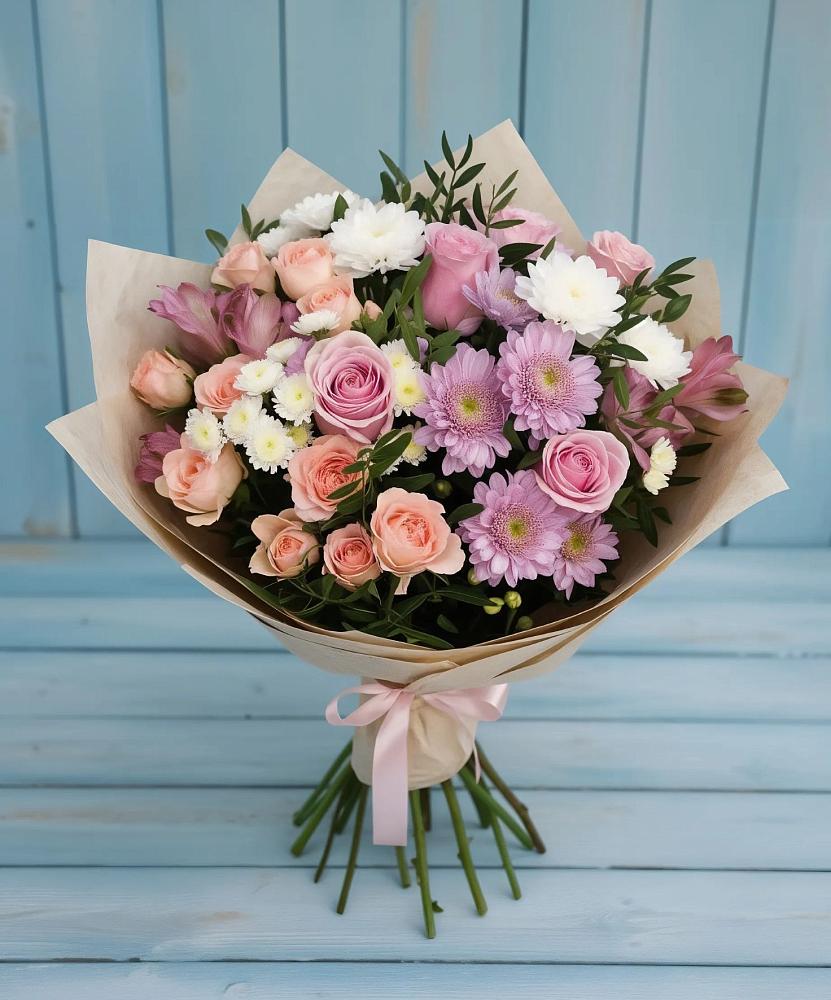Букет цветов из: Хризантемы, Розы и Альстромерии в Ревде Мурманской области