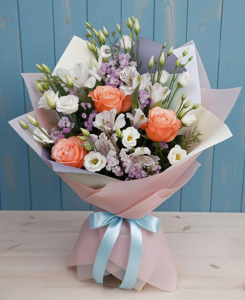 Букет цветов из: Лизиантусы, Розы, Альстромерии и Гипсофила в Ревде Мурманской области