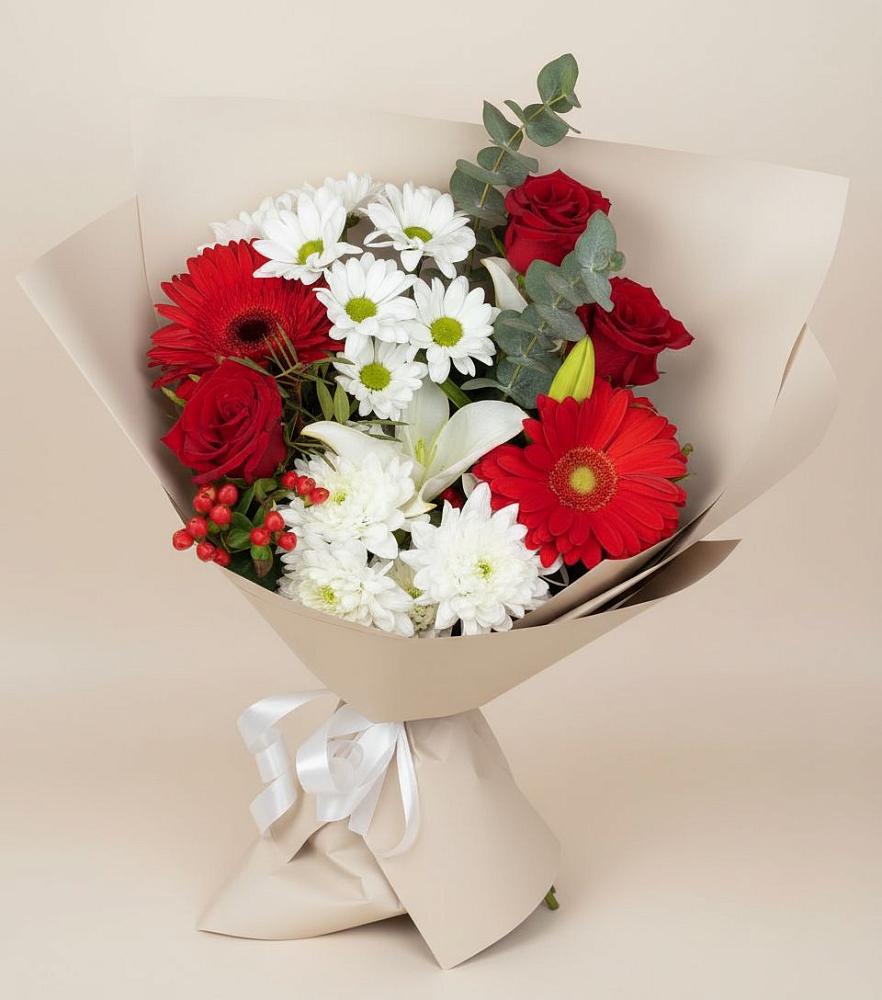 Букет цветов из: Розы, Хризантемы, Герберы и Лилии в Ревде Мурманской области