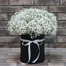 Цветочная композиция из Гипсофила в шляпной коробке в Ревде Мурманской области