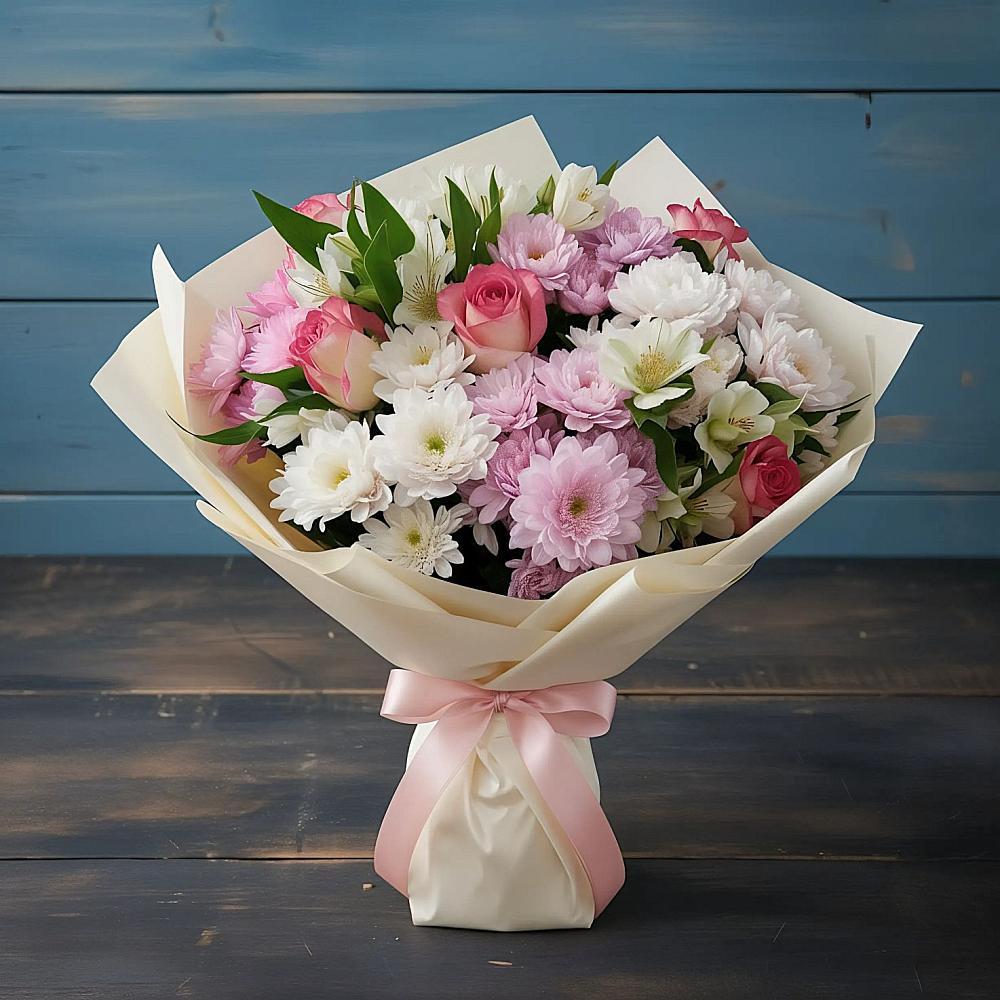 Букет цветов из: Хризантемы, Альстромерии и Розы в Ревде Мурманской области